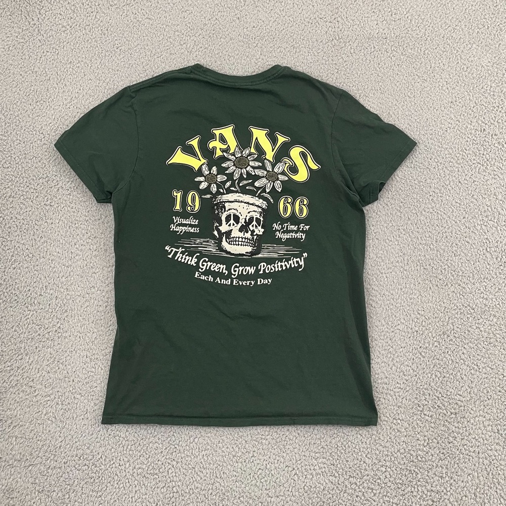 Vans Think Green Shirt Men M Green Skull Flower Skate Short Sleeve Tee